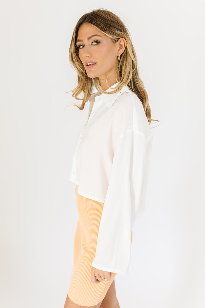 women's white button up, collared, working buttons, cropped
