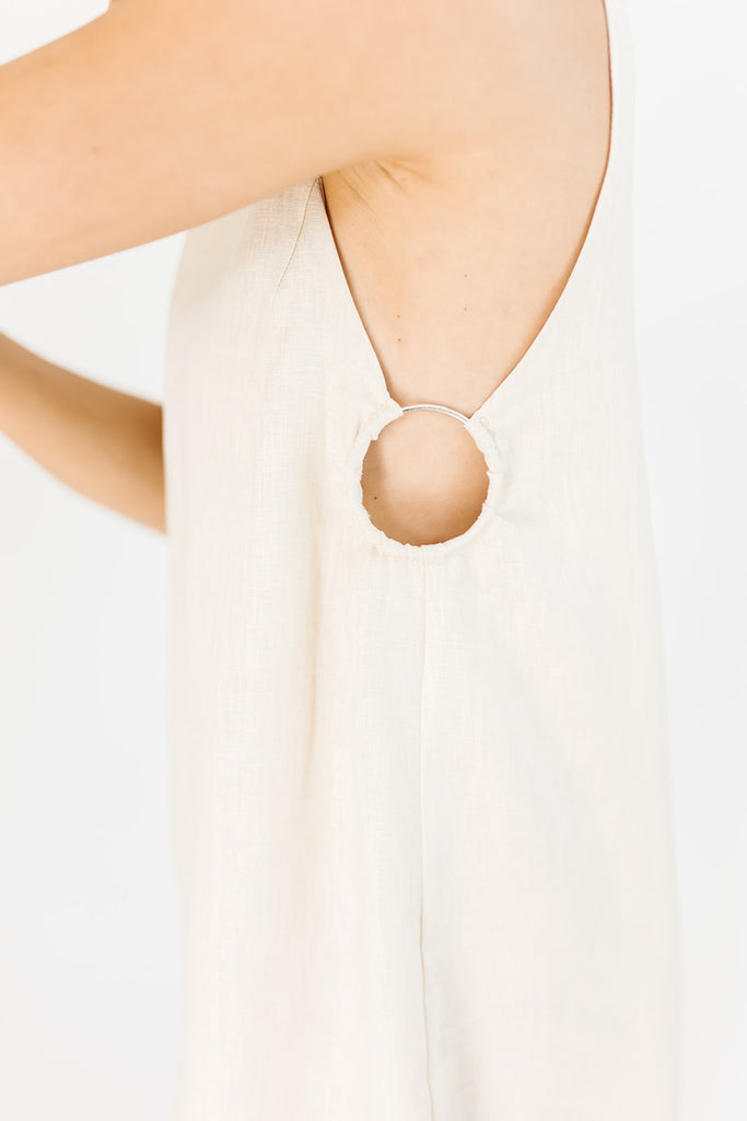 sand mini linen dress, high neckline, back zipper, metal ring detailing