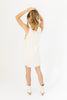 sand mini linen dress, high neckline, back zipper, metal ring detailing