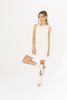 sand mini linen dress, high neckline, back zipper, metal ring detailing