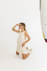 sand mini linen dress, high neckline, back zipper, metal ring detailing