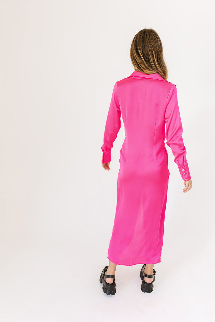 fuchsia pink maxi dress, collared, working buttons, tie at waist, and cuffed sleeves