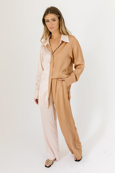 pale pink and brown color block two piece lounge set, collared, working buttons, elastic waistband, and pockets
