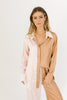 pale pink and brown color block two piece lounge set, collared, working buttons, elastic waistband, and pockets