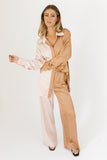 pale pink and brown color block two piece lounge set, collared, working buttons, elastic waistband, and pockets