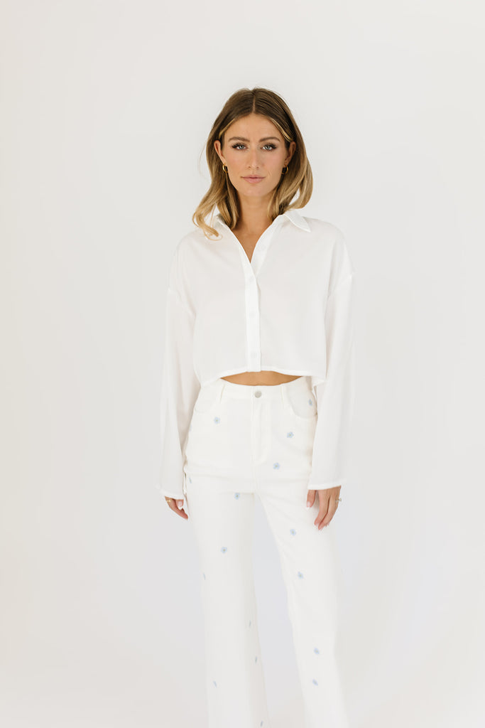 women's white button up, collared, working buttons, cropped