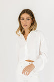 women's white button up, collared, working buttons, cropped
