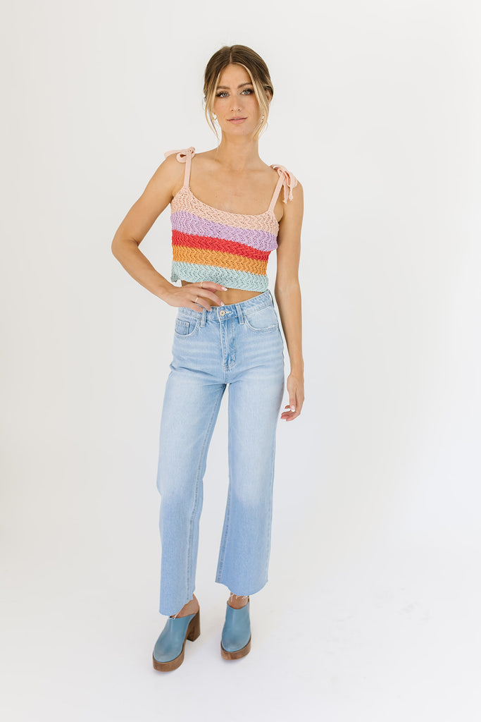 cropped multicolor striped crochet tank with adjustable straps