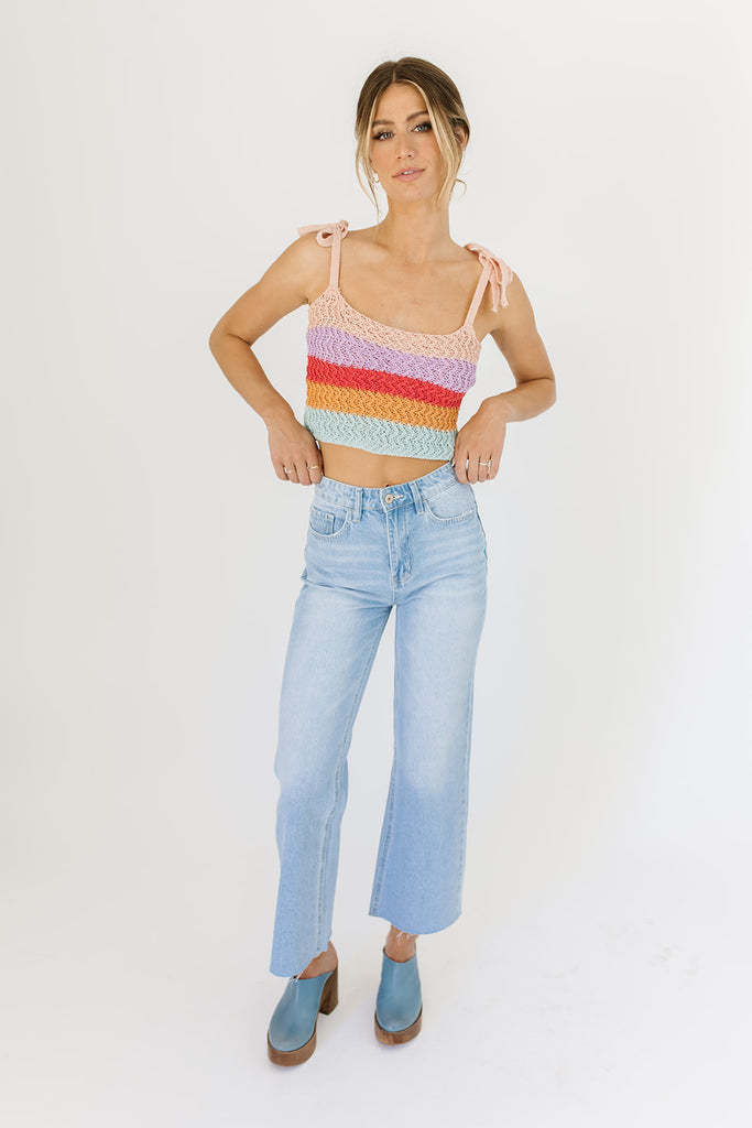 cropped multicolor striped crochet tank with adjustable straps