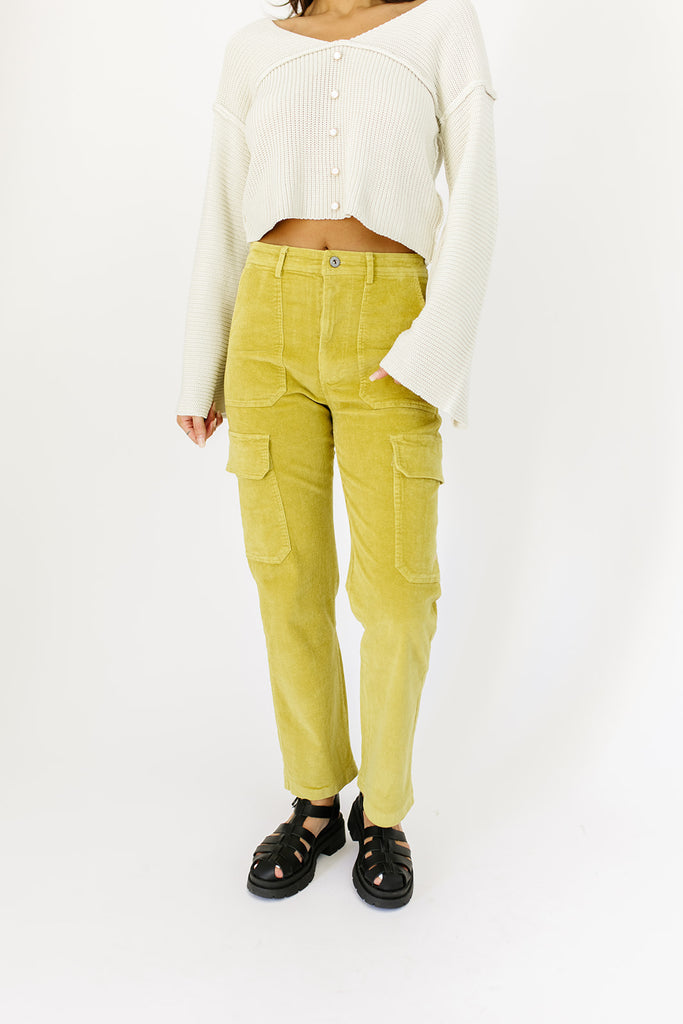 yesterday corduroy cargo pants // chartreuse