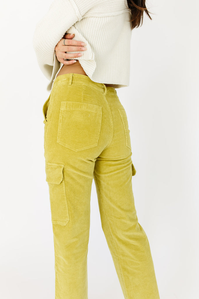 yesterday corduroy cargo pants // chartreuse