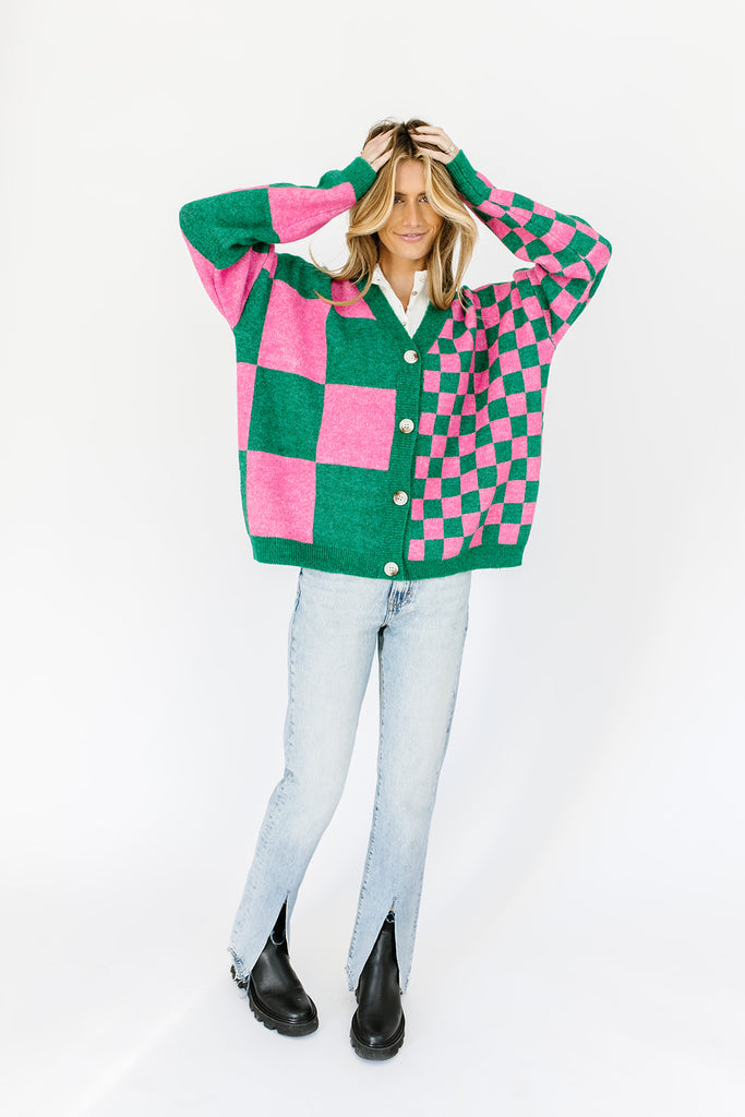 wild thing checkered cardigan // green + pink