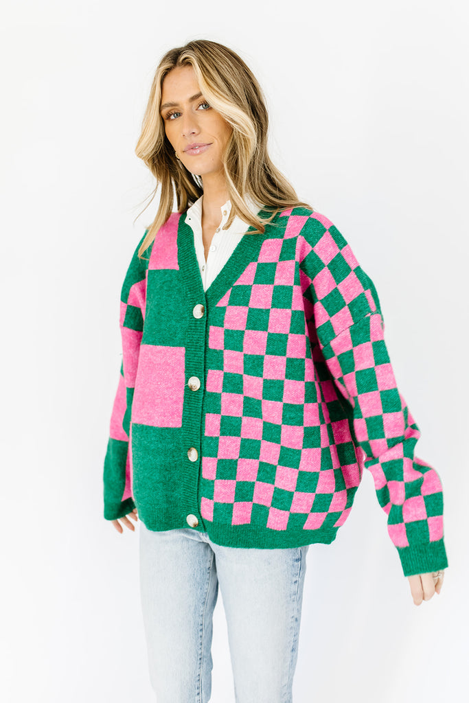 wild thing checkered cardigan // green + pink
