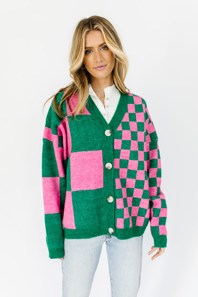 wild thing checkered cardigan // green + pink