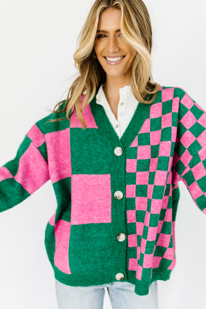 wild thing checkered cardigan // green + pink