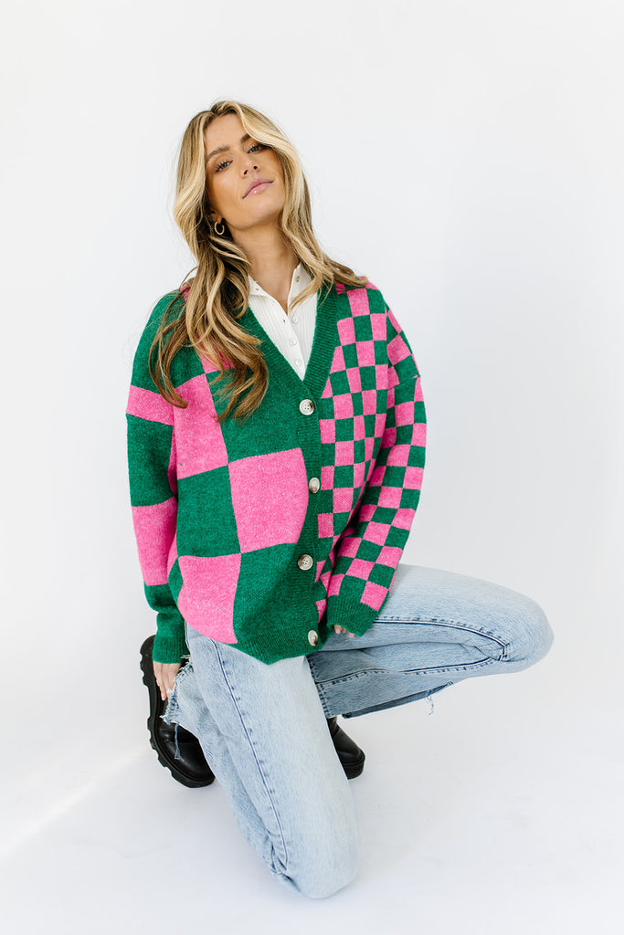wild thing checkered cardigan // green + pink