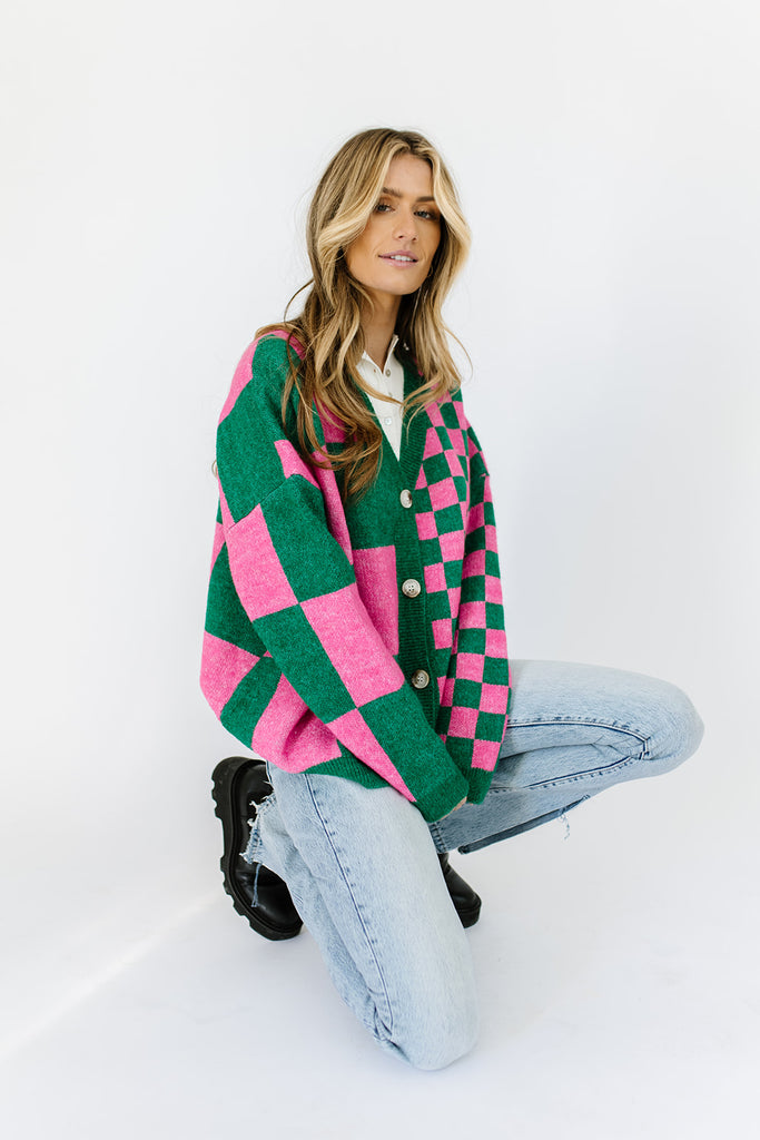 wild thing checkered cardigan // green + pink