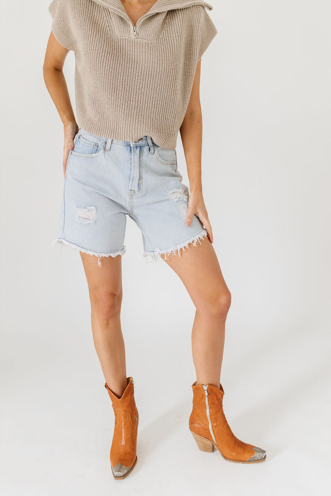 long story denim shorts